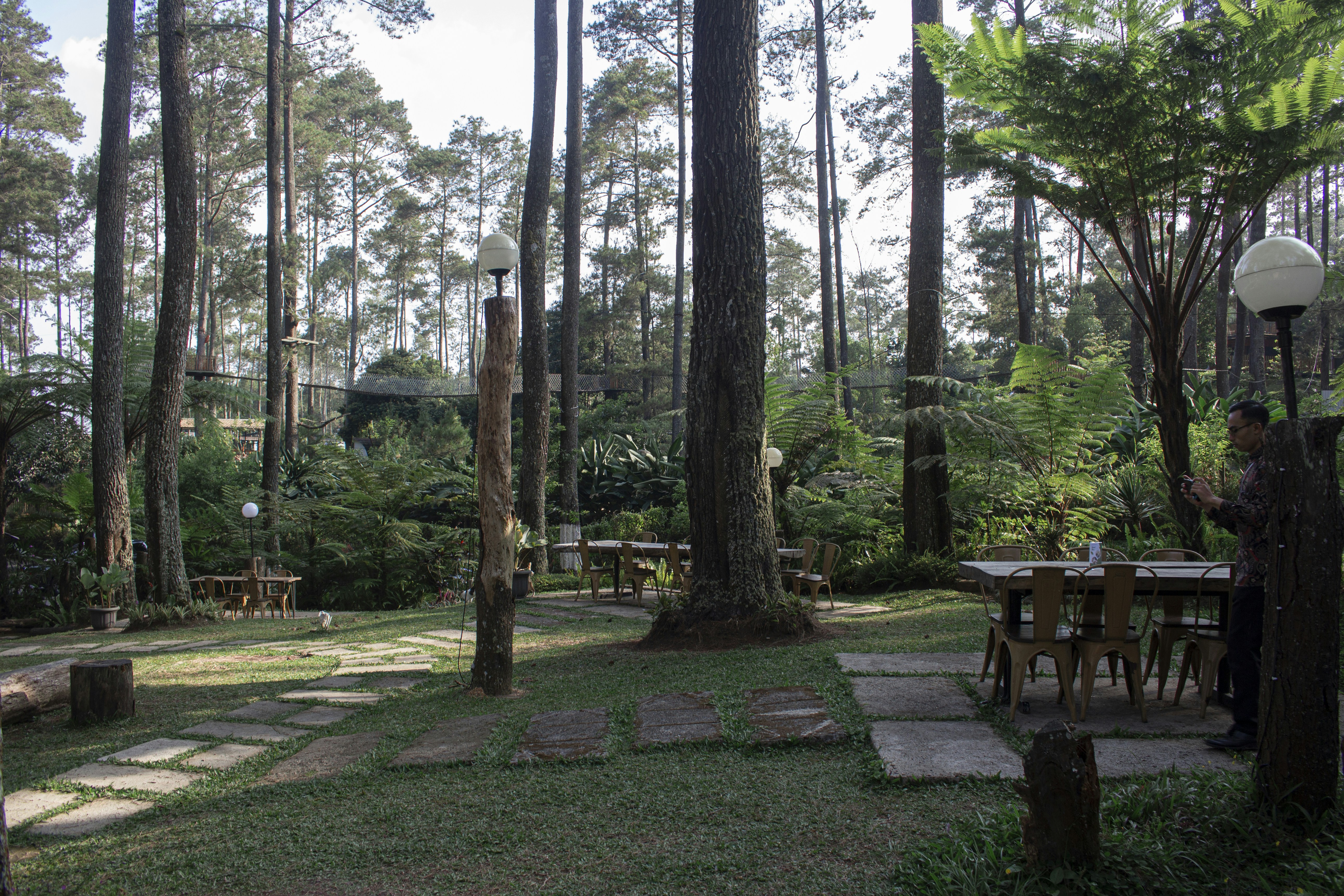 A park with a picnic table and benches