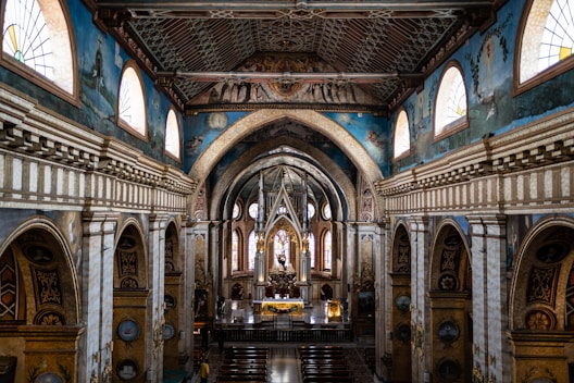 A church with a large stained glass window
