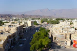 A view of a city with mountains in the background