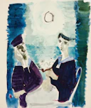 Two sailors in uniform sit by the sea.