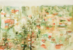 Abstract watercolor painting of a village and trees