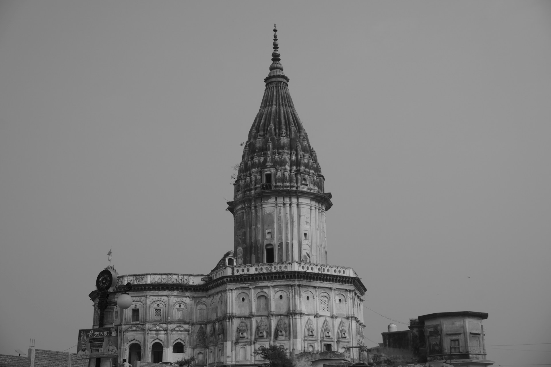 A black and white photo of a large building