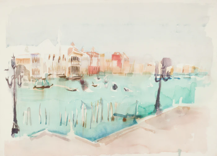 Still riverside water with boats at dawn