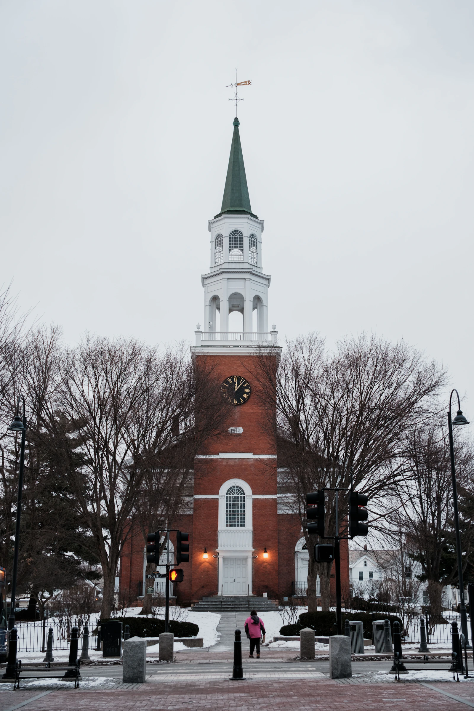 Church Street Marketplace steeple and clock tower in downtown Burlington, Vermont