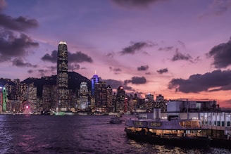 A large body of water with a city in the background