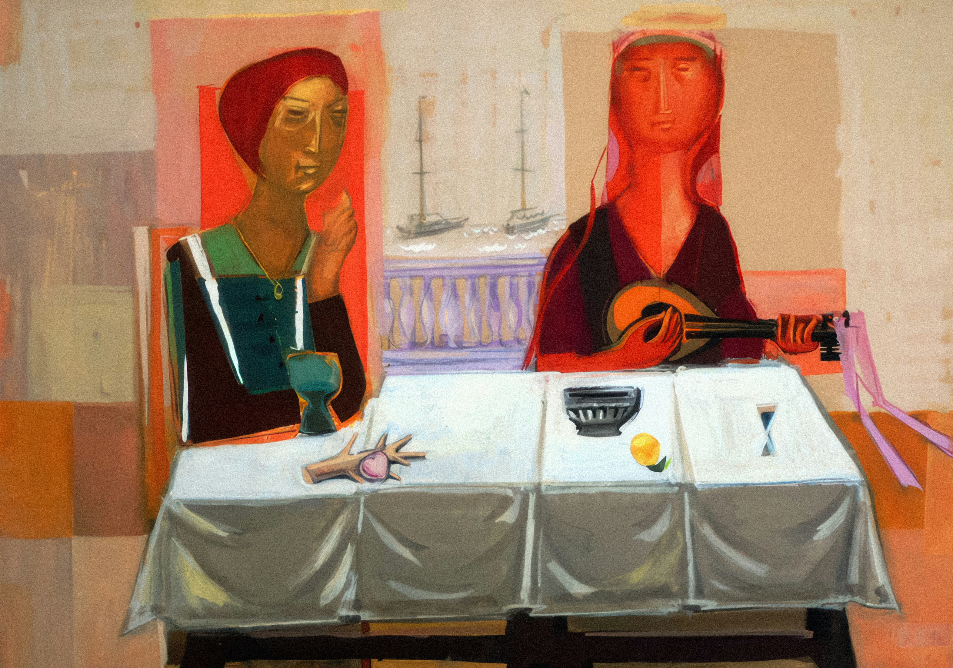 Ein Gemälde von zwei Frauen, die an einem Tisch sitzen Foto ...