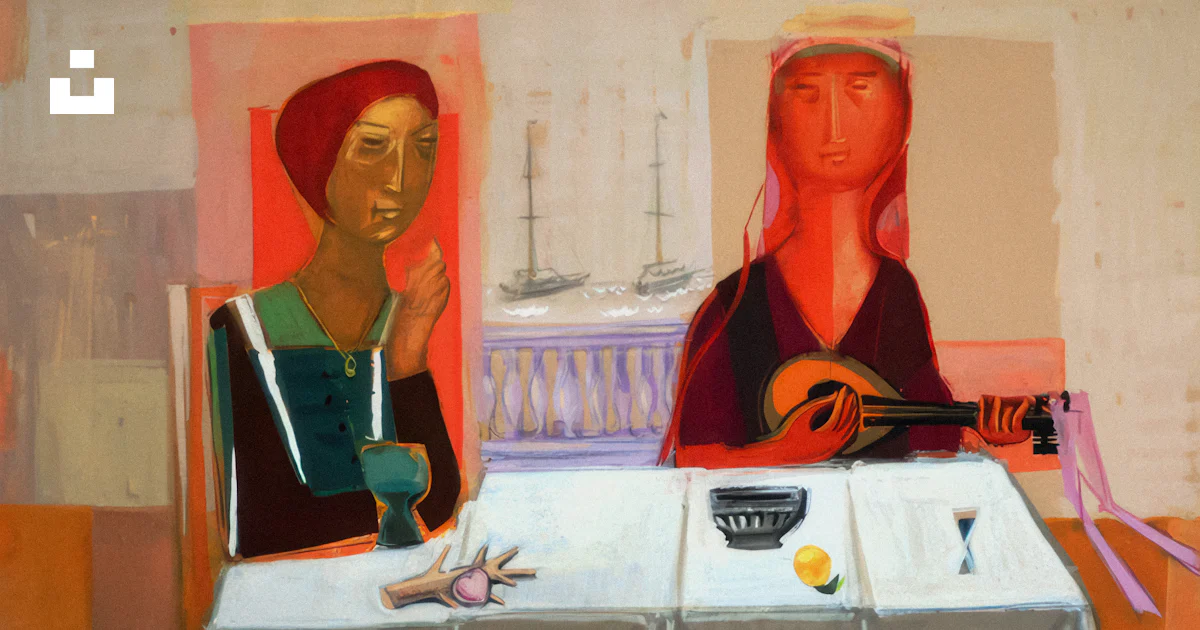 Ein Gemälde von zwei Frauen, die an einem Tisch sitzen Foto ...