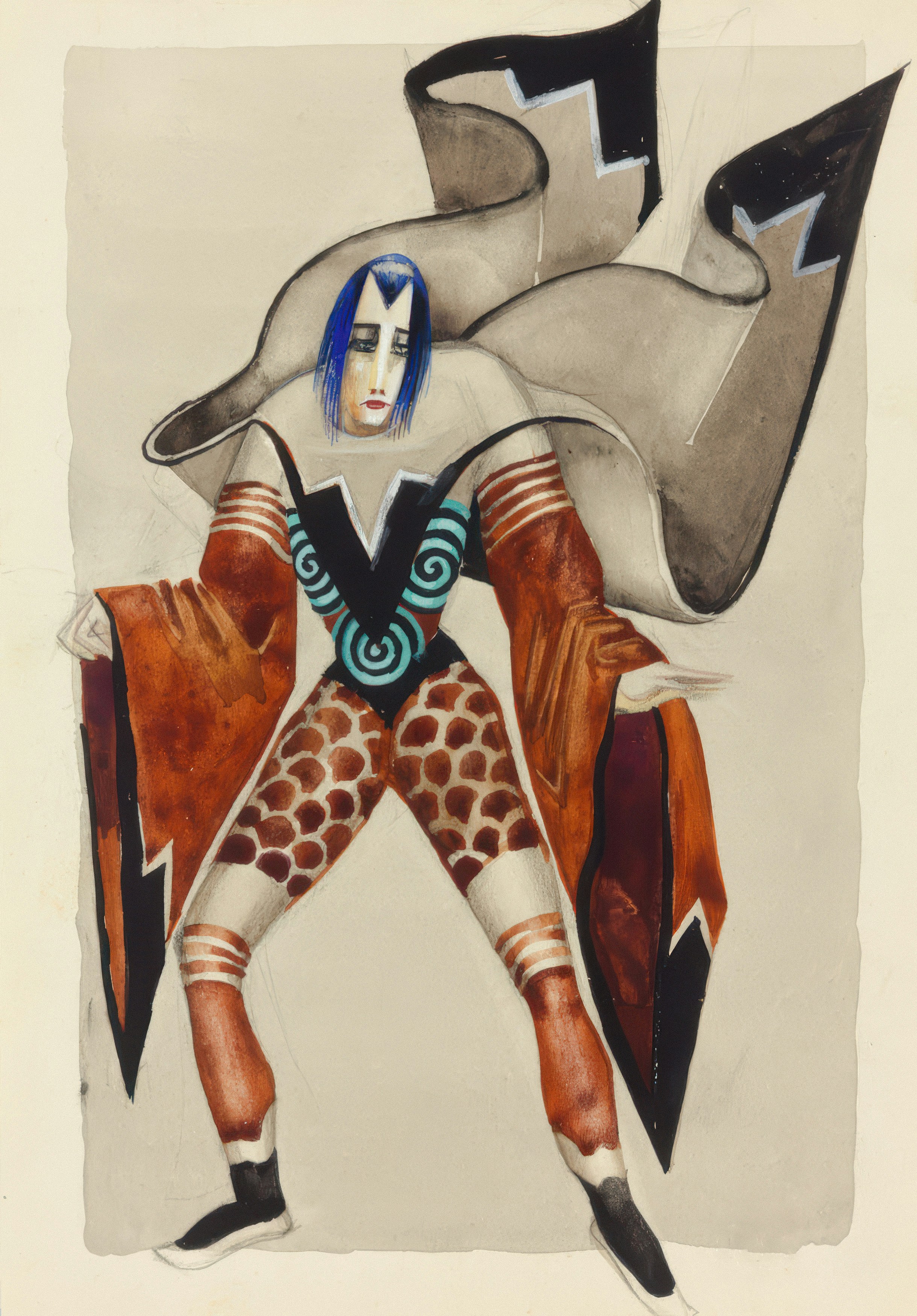 A stylized costume design with abstract patterns and colors