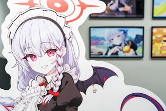 A woman with white hair and red eyes is standing in front of a wall with