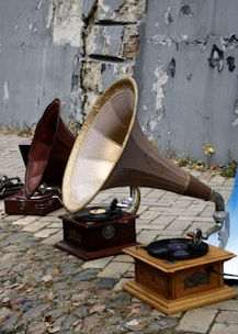 A group of old fashioned musical instruments sitting on the ground