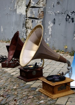 A group of old fashioned musical instruments sitting on the ground