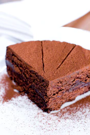 A piece of chocolate cake on a white plate