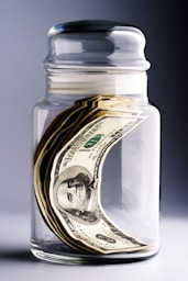 A jar filled with money sitting on top of a table