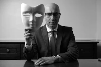 A man sitting at a table with a mask on his face