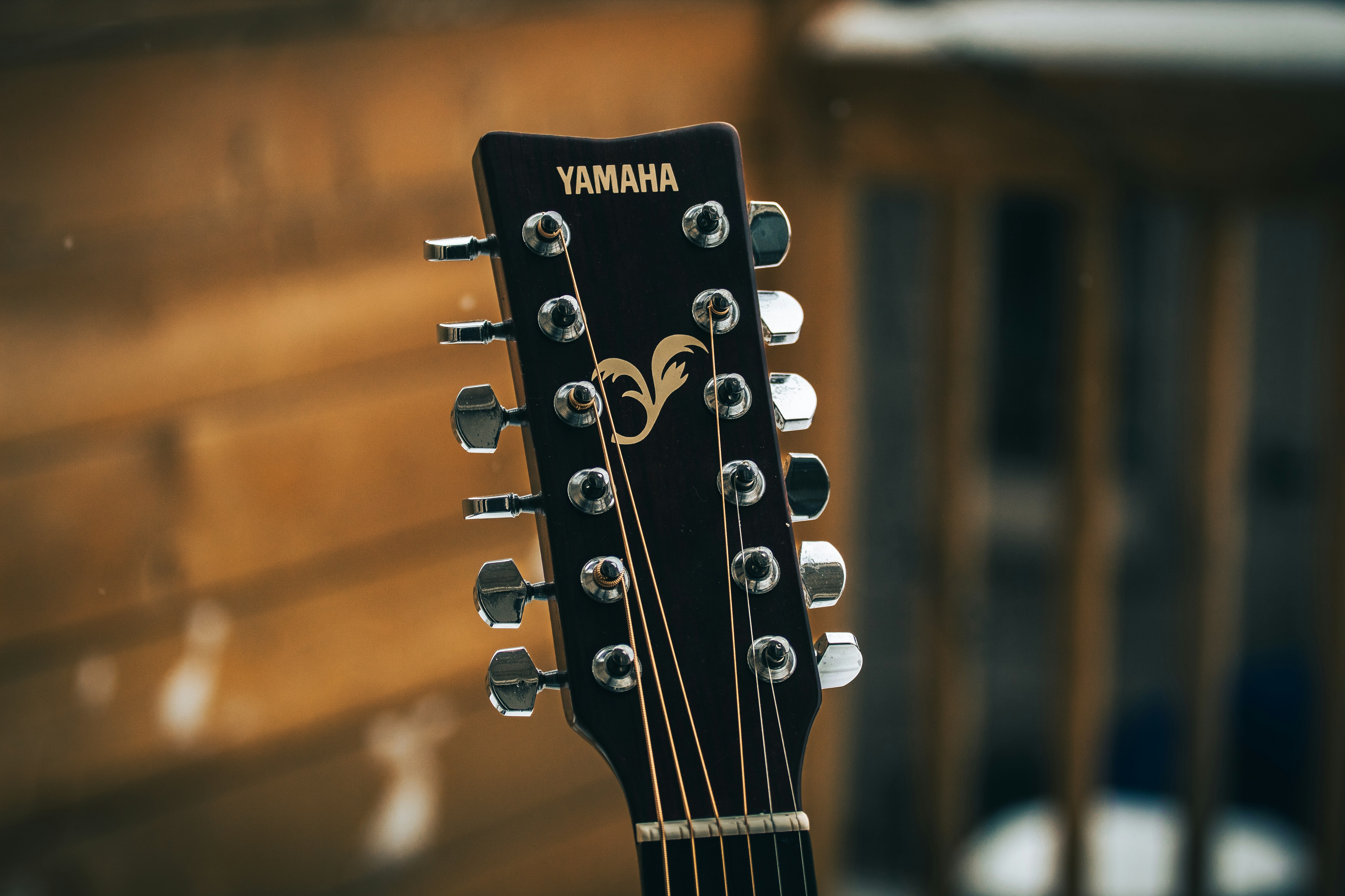 A close up of an acoustic guitar head