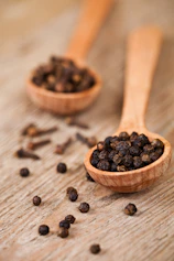 A wooden spoon filled with black pepper on top of a wooden table