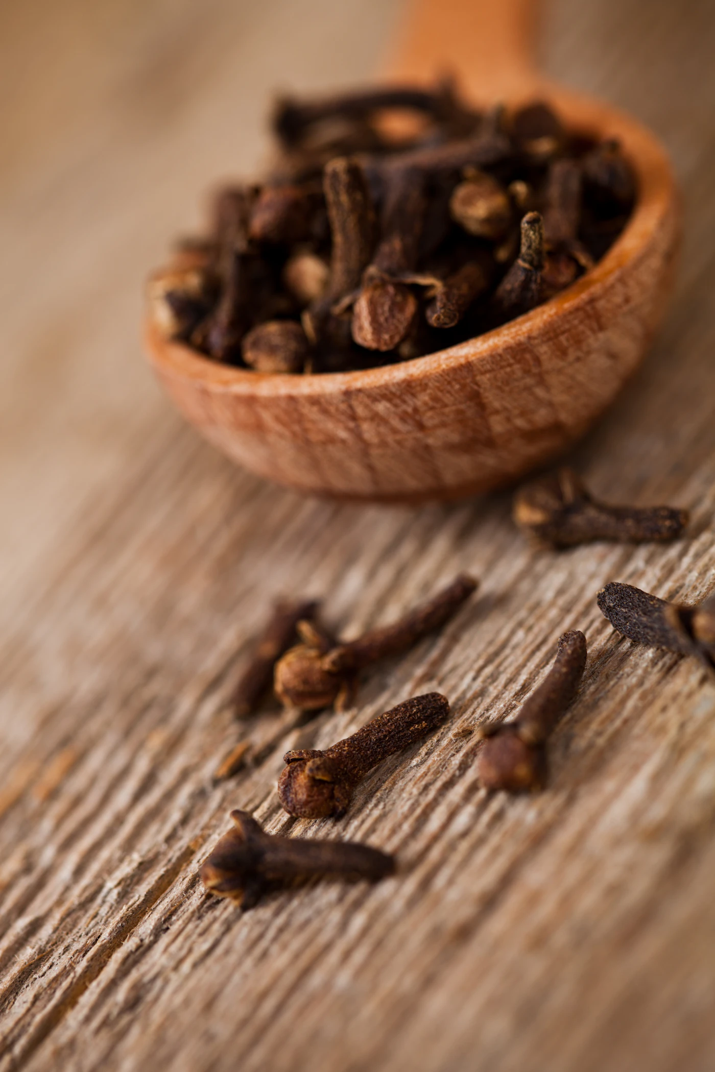 Dried cloves in a wooden scoop