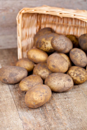 A basket full of potatoes sitting on a wooden table
