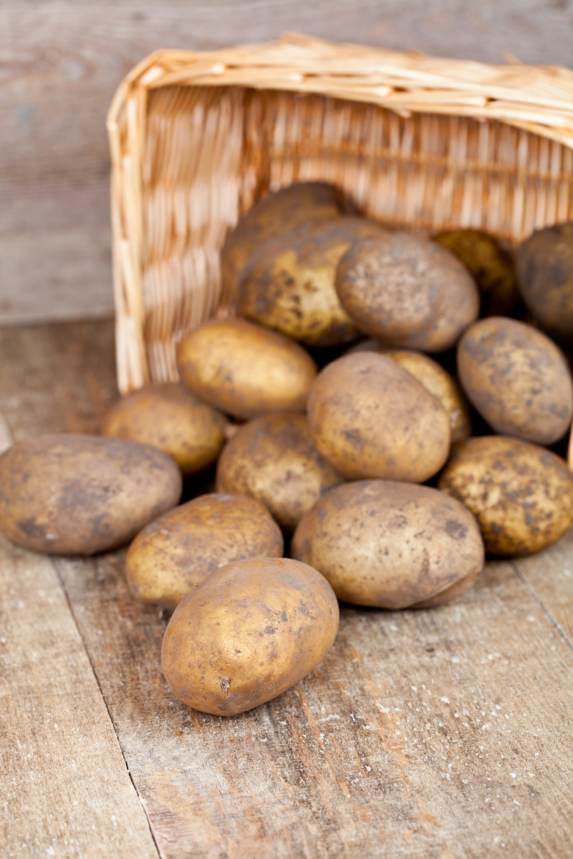 A basket full of potatoes sitting on a wooden table