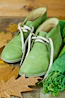 A pair of green shoes sitting on top of a wooden floor