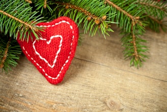 A red ornament hanging from a pine tree