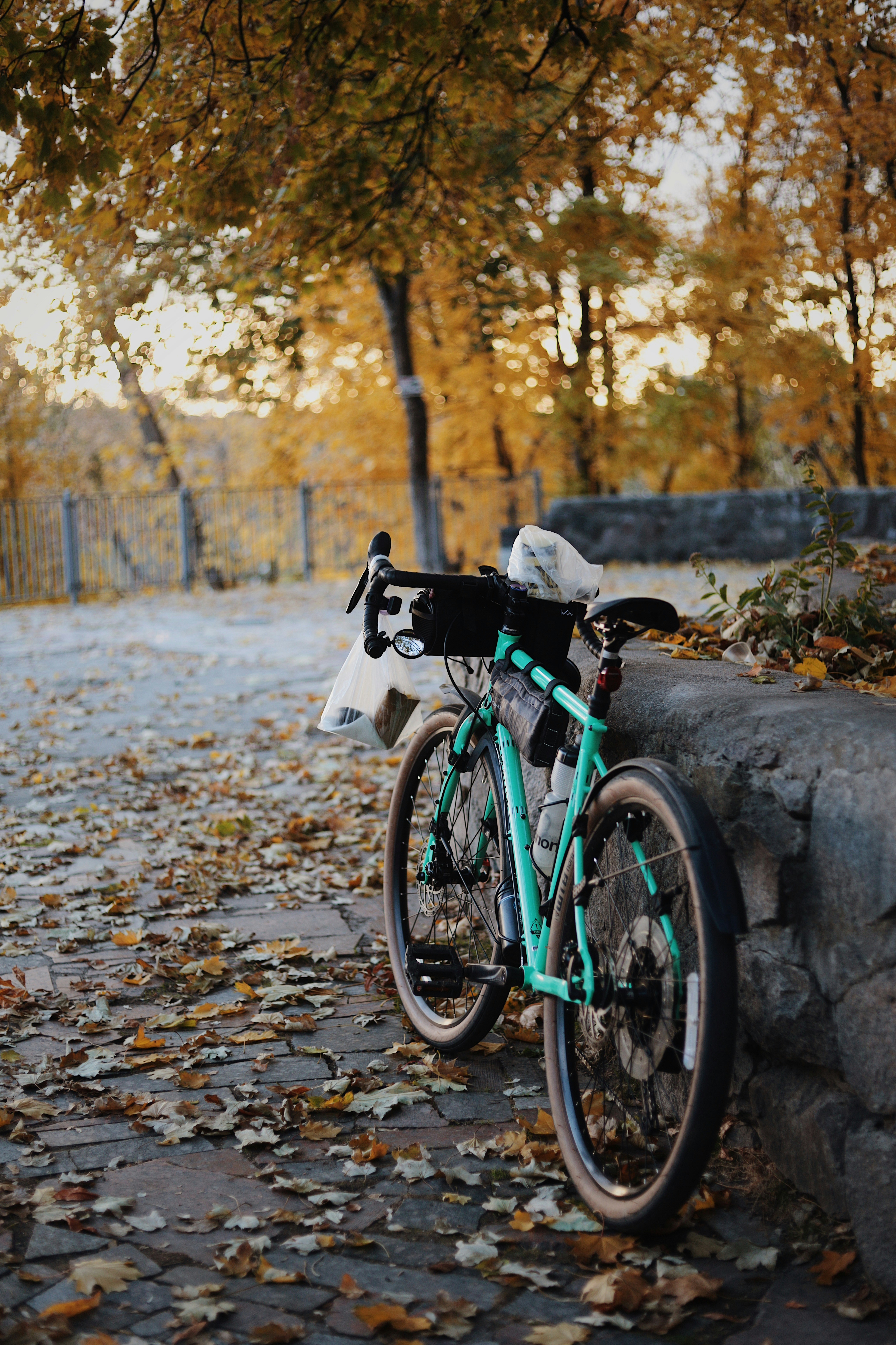 A bicycle parked on the side of a stone wall