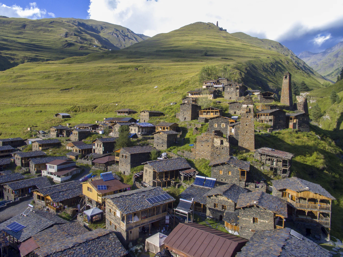 Aerial view of the tower villages of Ushguli in the mountain valley