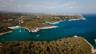 An aerial view of an island with boats in the water