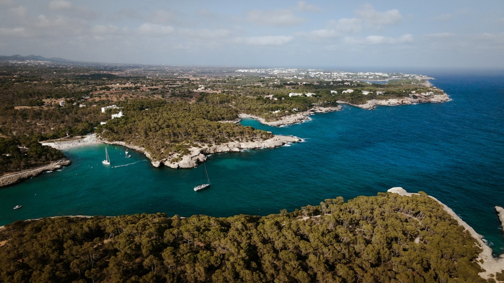 An aerial view of an island with boats in the water