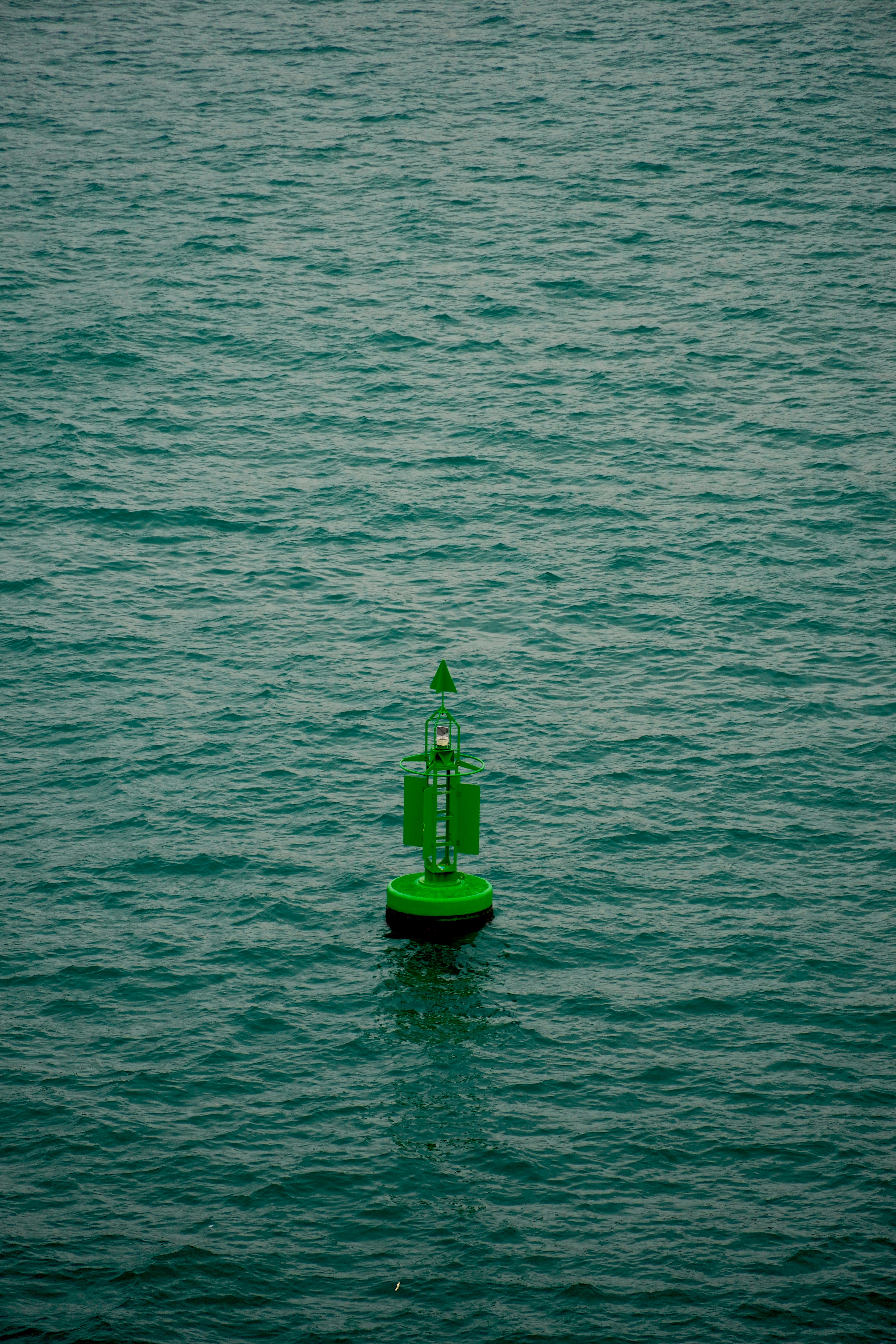 A green buoy floating in the middle of a body of water