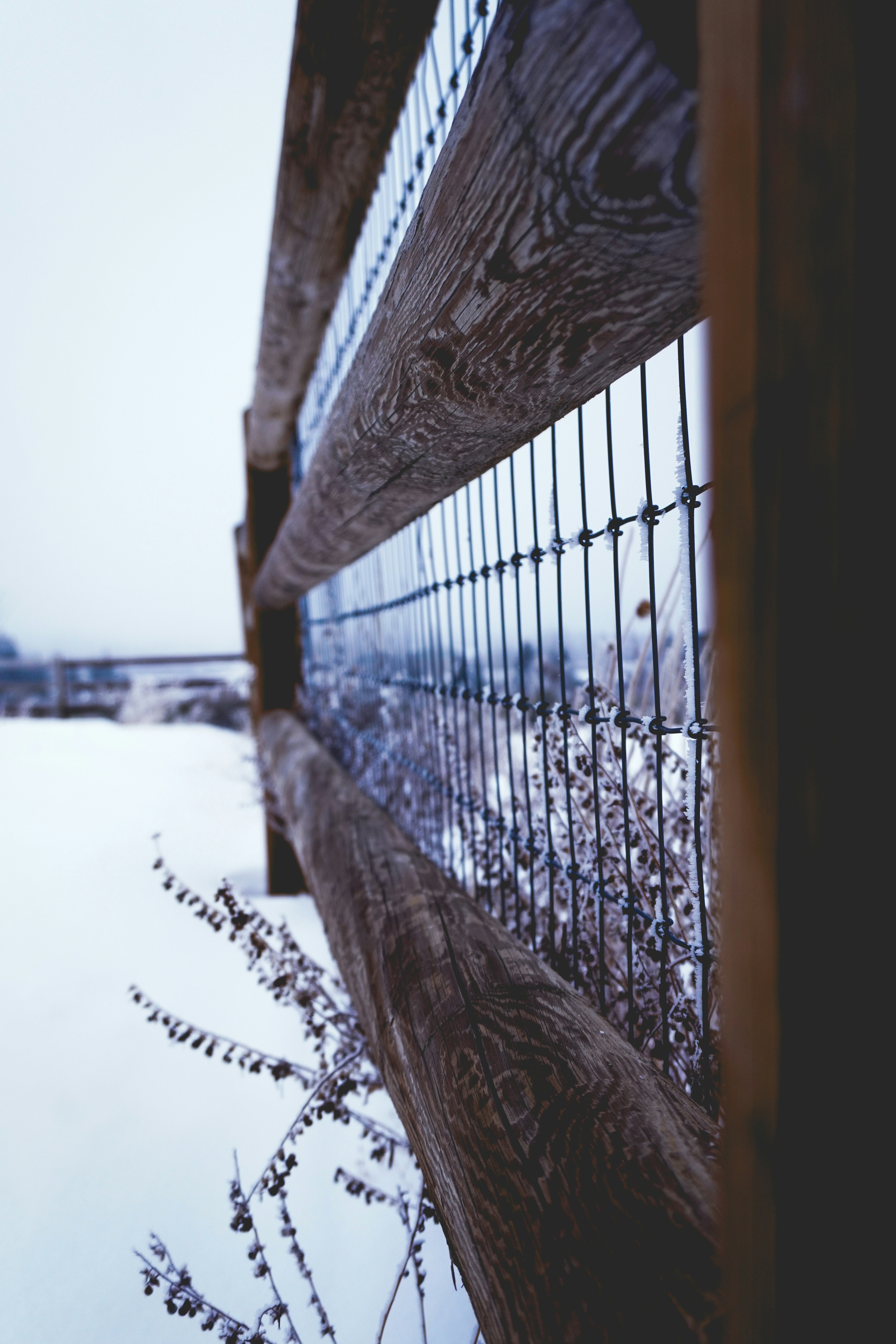 A fence with a reflection of a building in the water