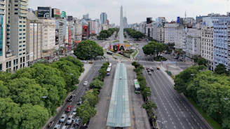 An aerial view of a city with tall buildings