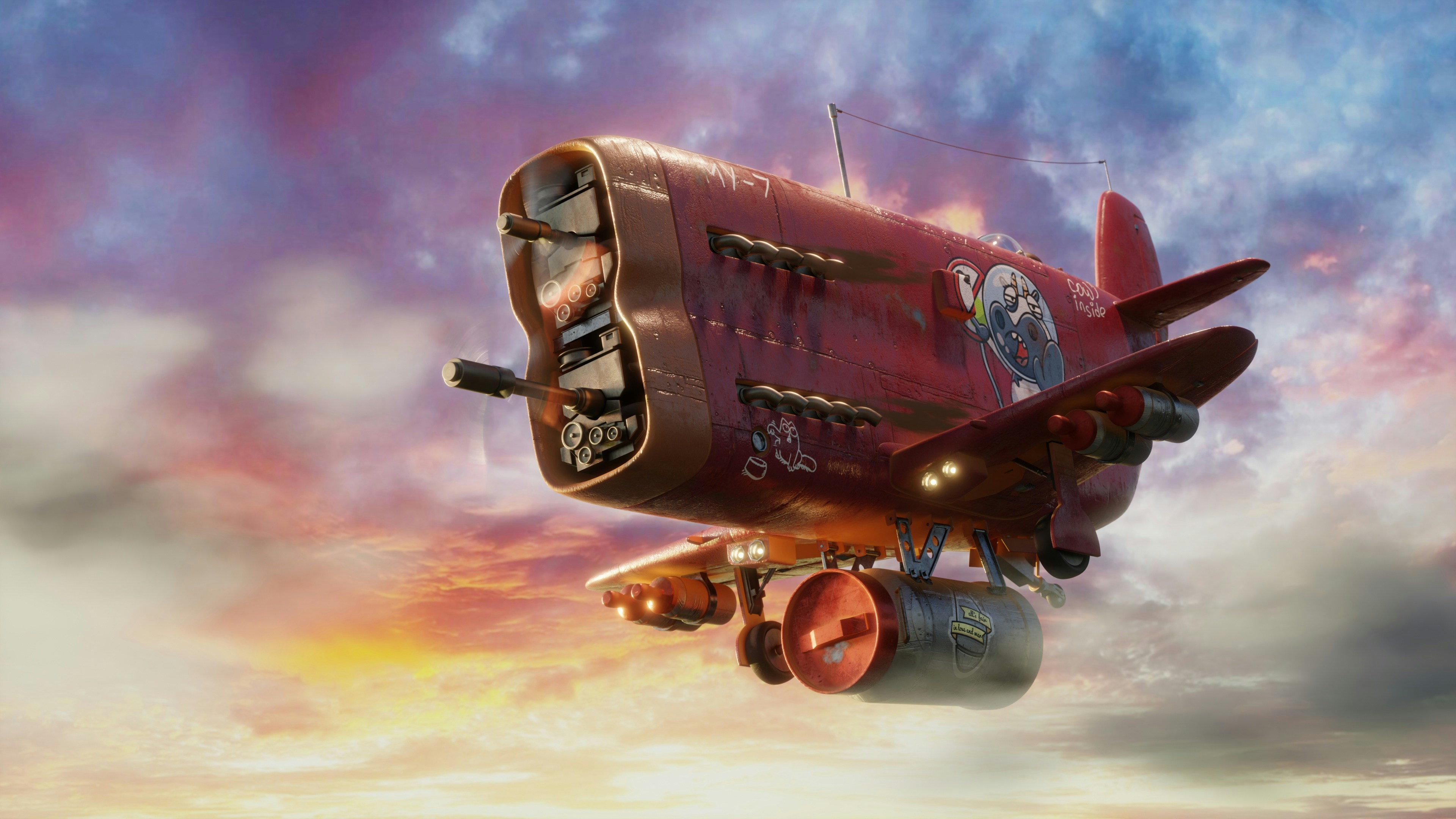 This is a unique 3D model of a combat aircraft with a humorous design. The plane, named 'MU-7,' combines retro aesthetics, eye-catching custom artwork, and detailed craftsmanship. Featuring a playful depiction of a cow ace on its side, this model embodies a spirit of fun adventure. Perfect for use in games, animations, or visual projects, the high-resolution renders capture the dynamics of flight against vibrant skies and mountainous landscapes. The model is optimized for rendering and integration into CG workflows.