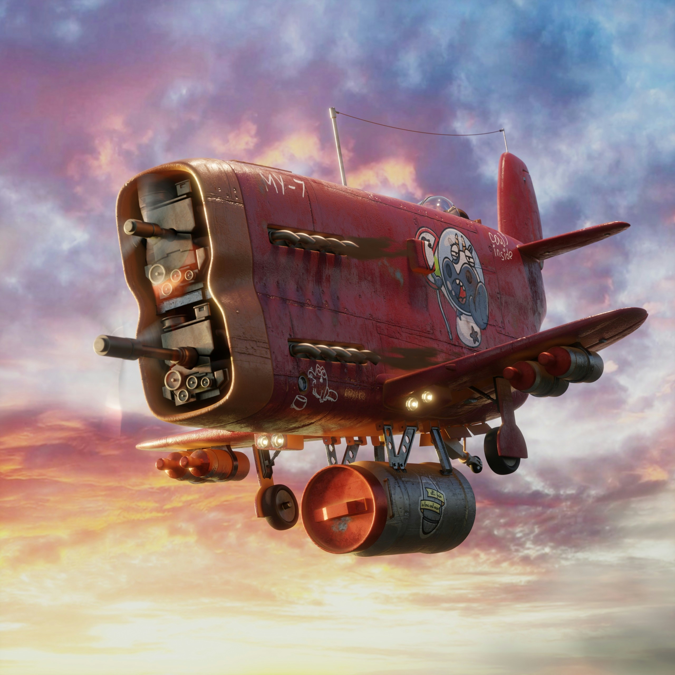 This is a unique 3D model of a combat aircraft with a humorous design. The plane, named 'MU-7,' combines retro aesthetics, eye-catching custom artwork, and detailed craftsmanship. Featuring a playful depiction of a cow ace on its side, this model embodies a spirit of fun adventure. Perfect for use in games, animations, or visual projects, the high-resolution renders capture the dynamics of flight against vibrant skies and mountainous landscapes. The model is optimized for rendering and integration into CG workflows.