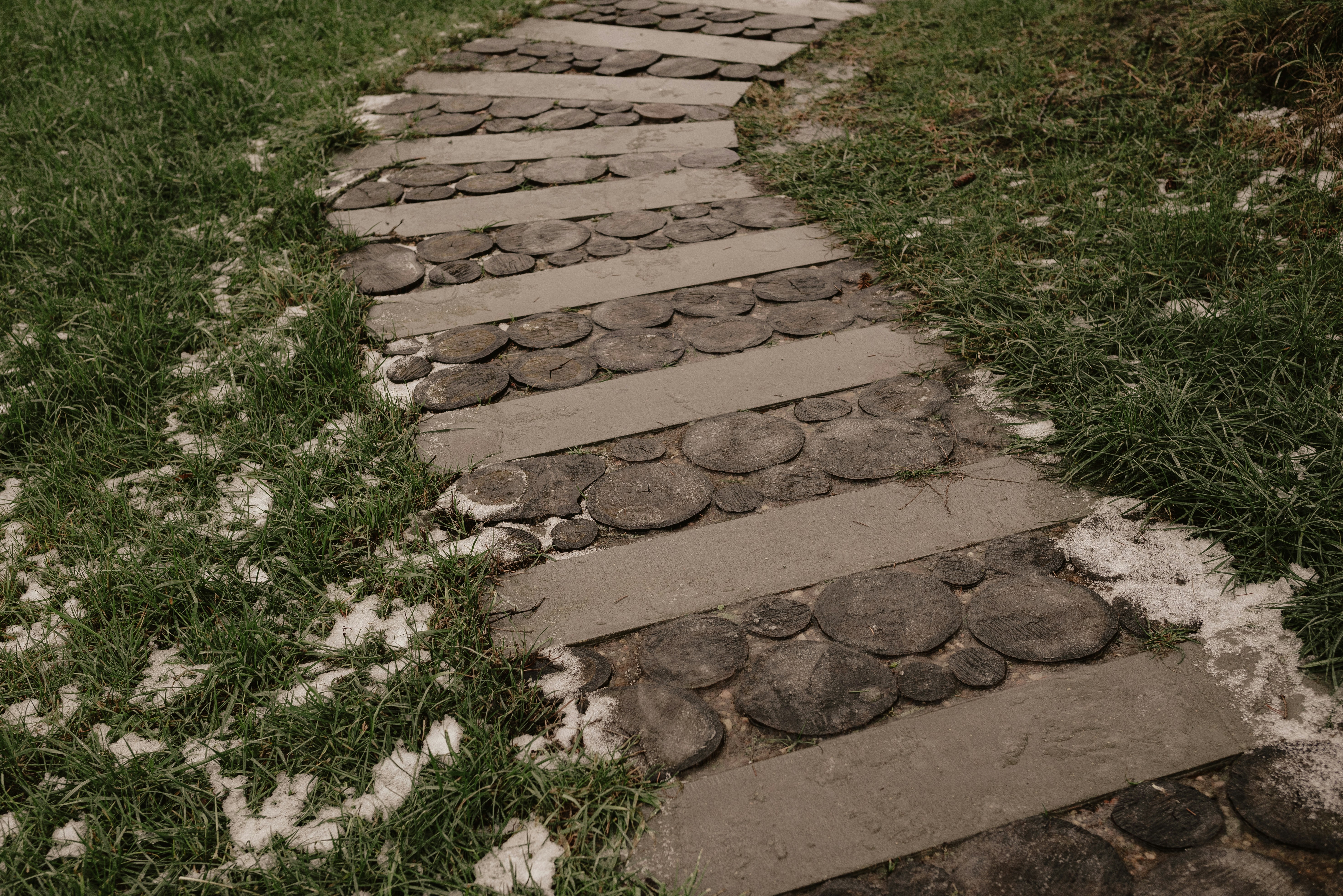 A stone path in the grass leading to a house