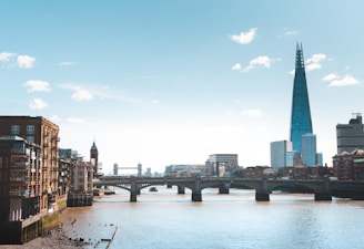 A view of a river with a bridge and a tall building in the background