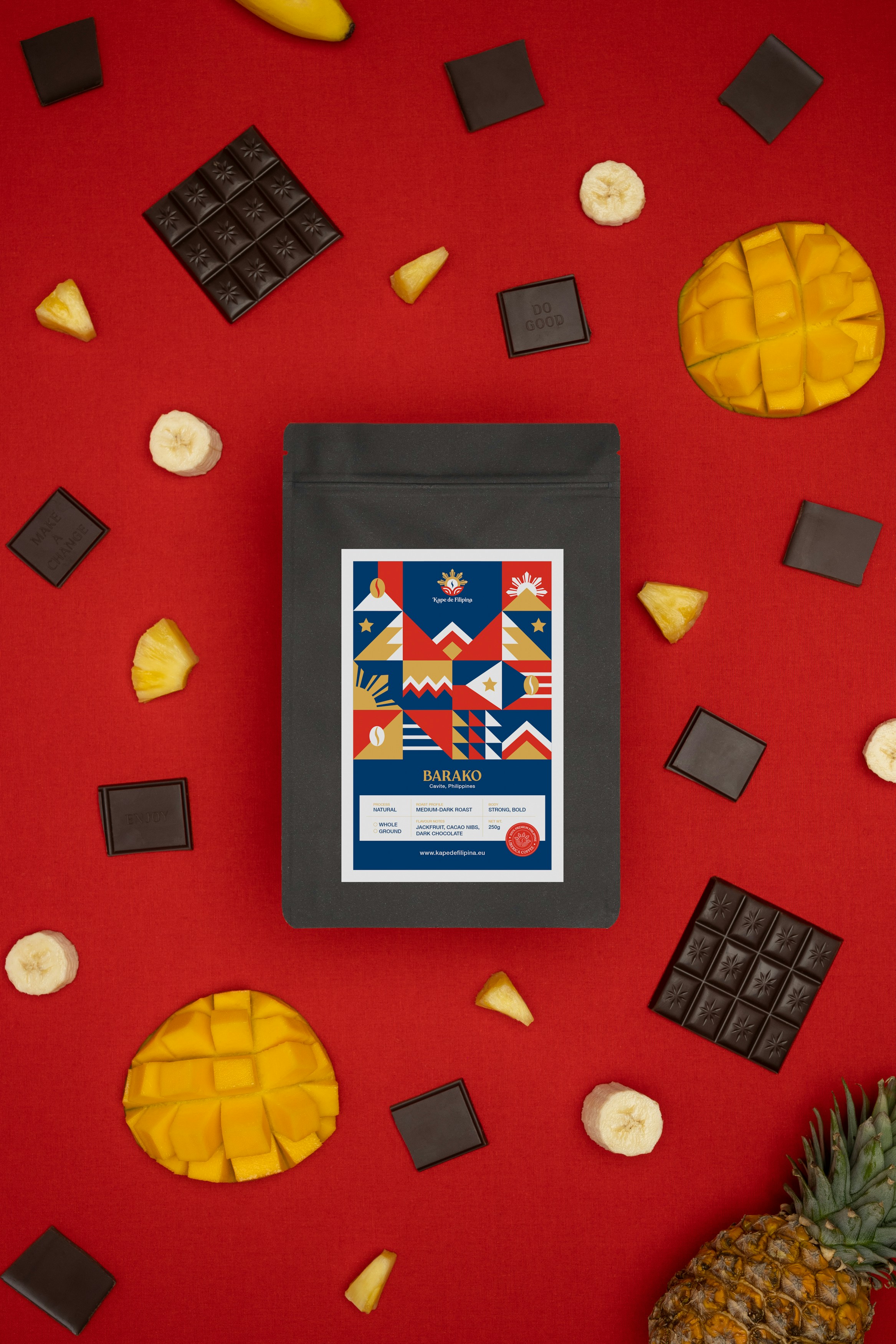 A picture of some food on a red background