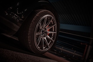 A close up of a tire on a car