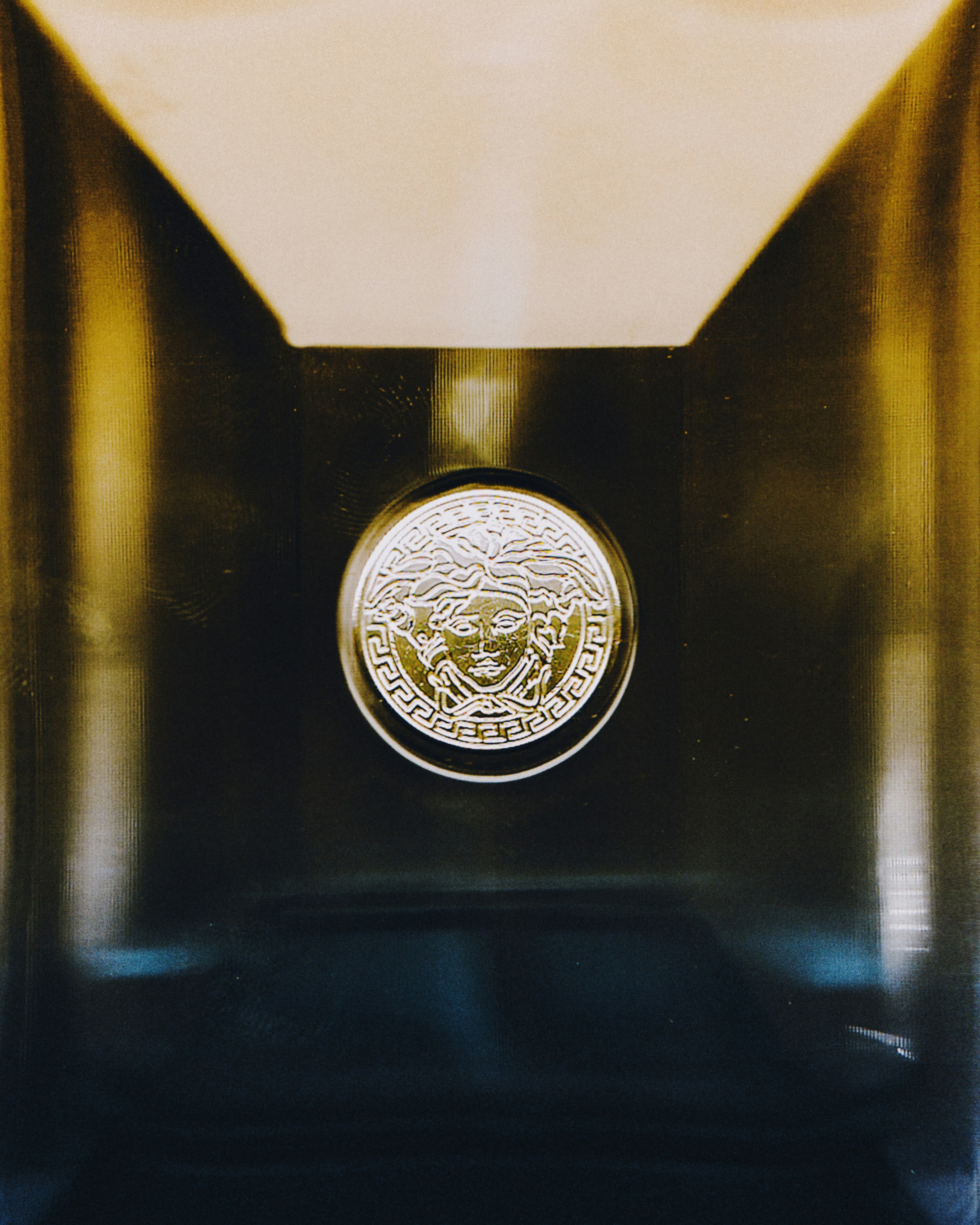 A close up of a vase with a medallion on it