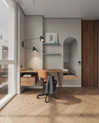 A room with a desk and a chair