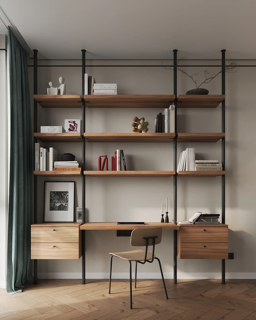 Real wooden study desk with shelves and chair