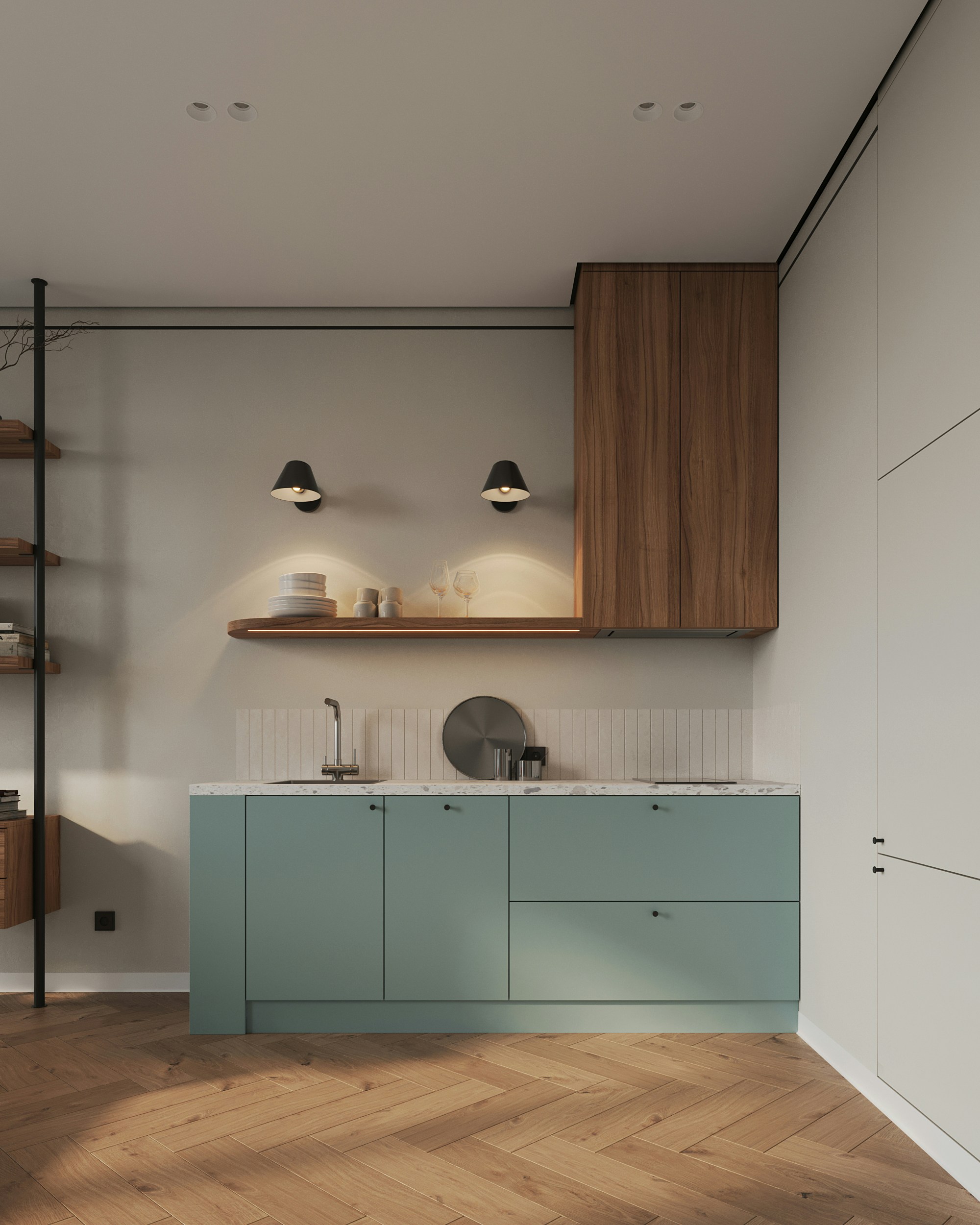 A kitchen with a wooden floor and white walls