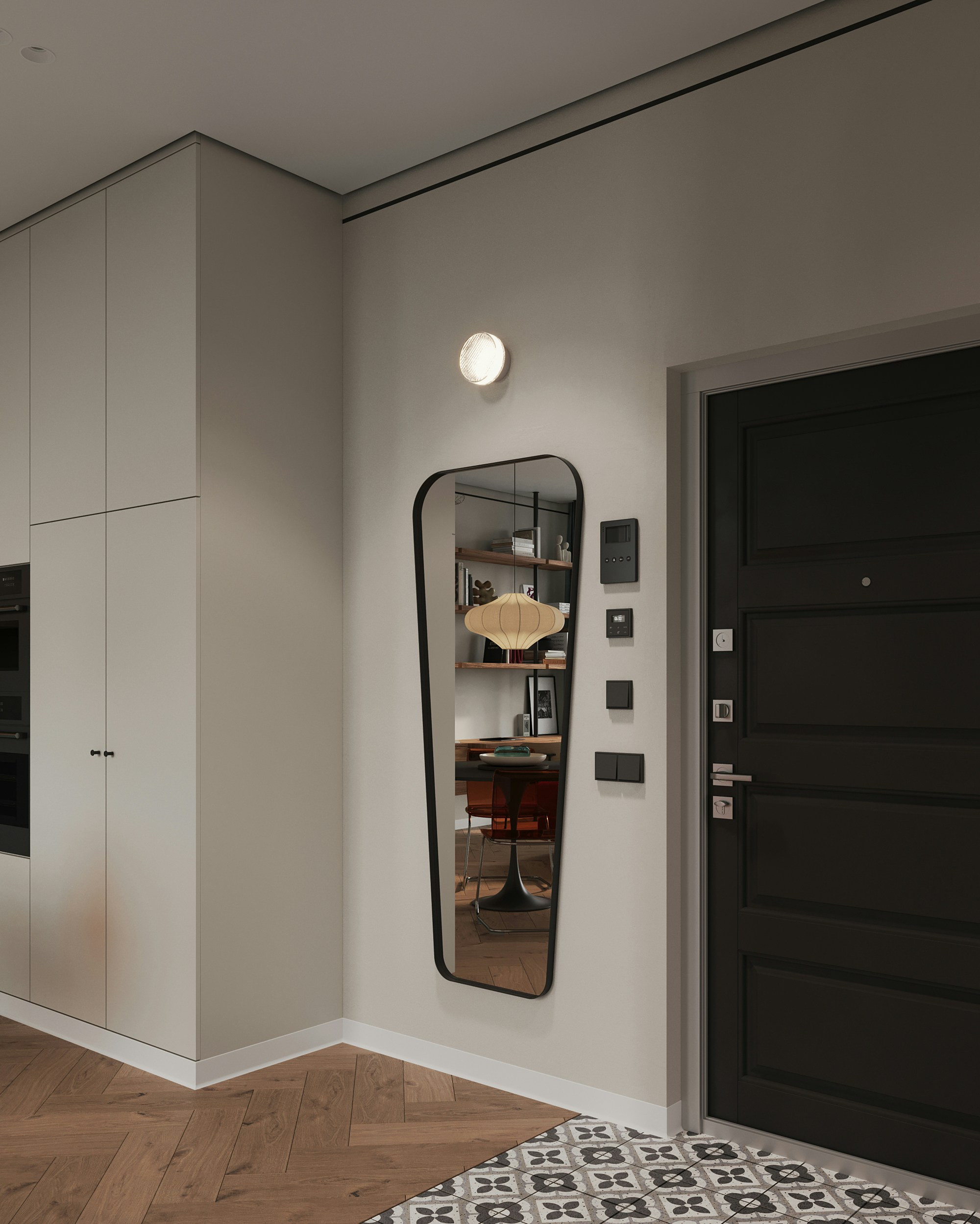 A living room with a large mirror on the wall