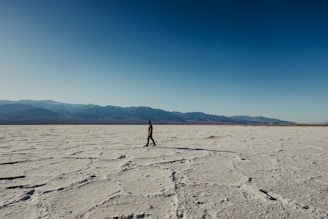 A person walking across a desert plain with mountains in the background