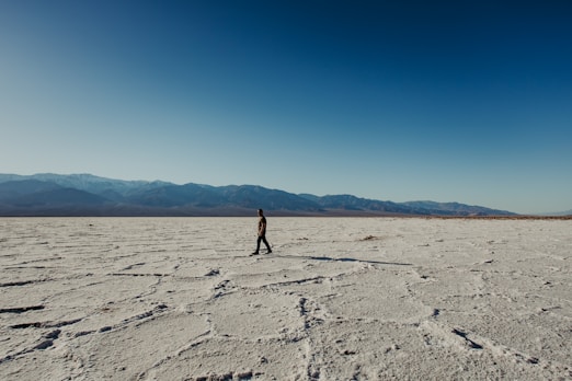 A person walking across a desert plain with mountains in the background