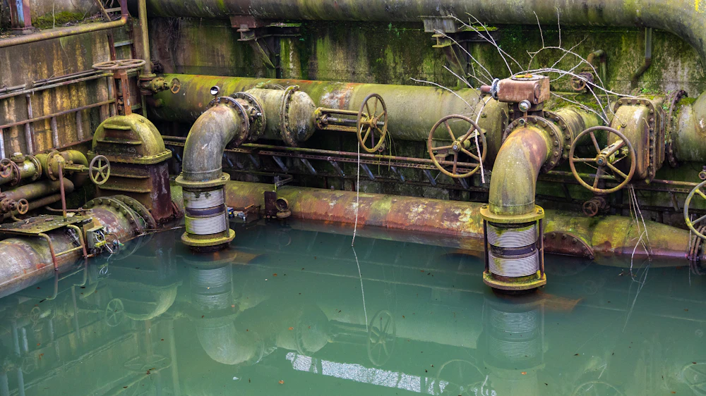 A group of industrial pipes stacked side by side