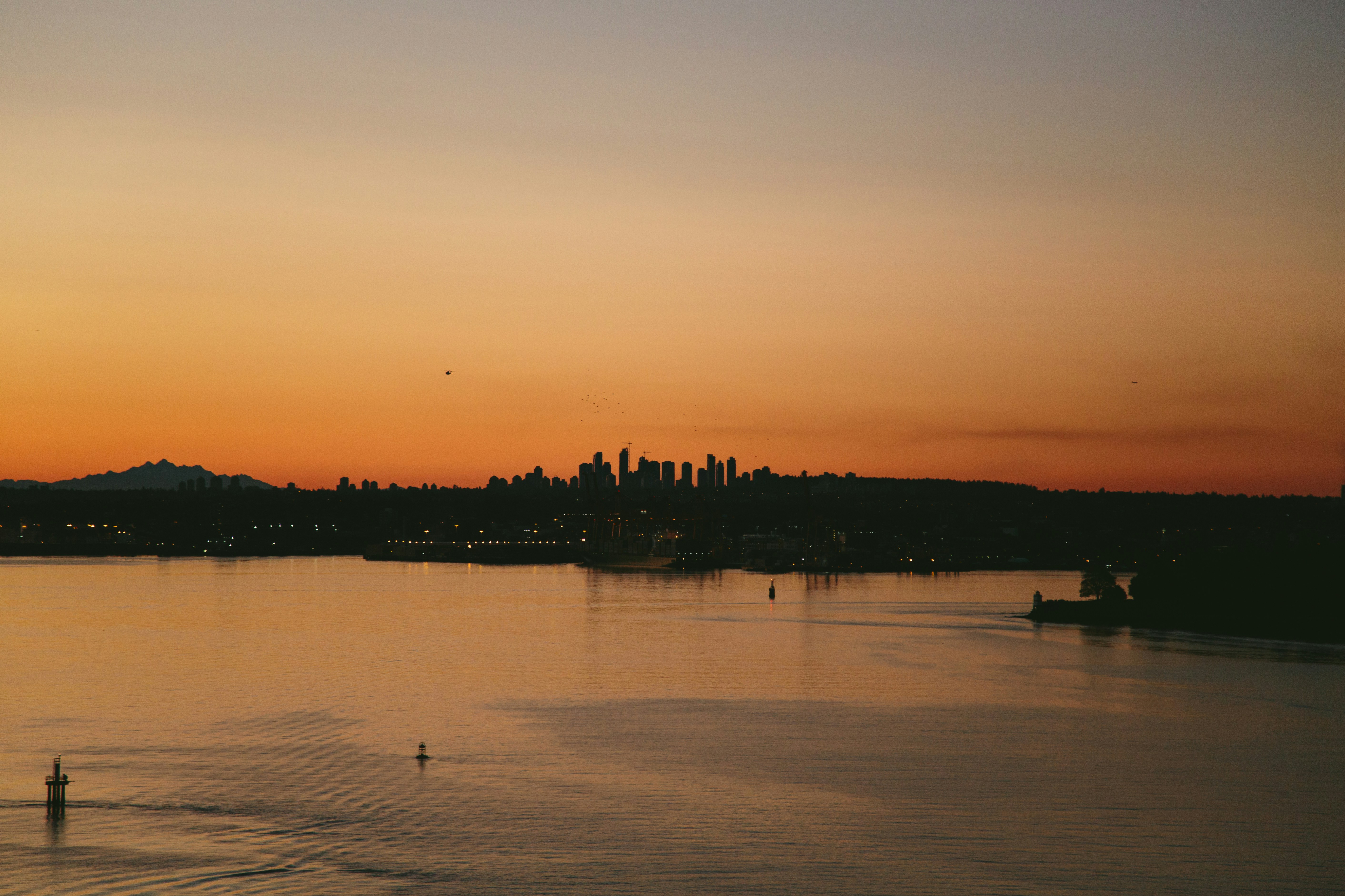 A large body of water with a city in the background