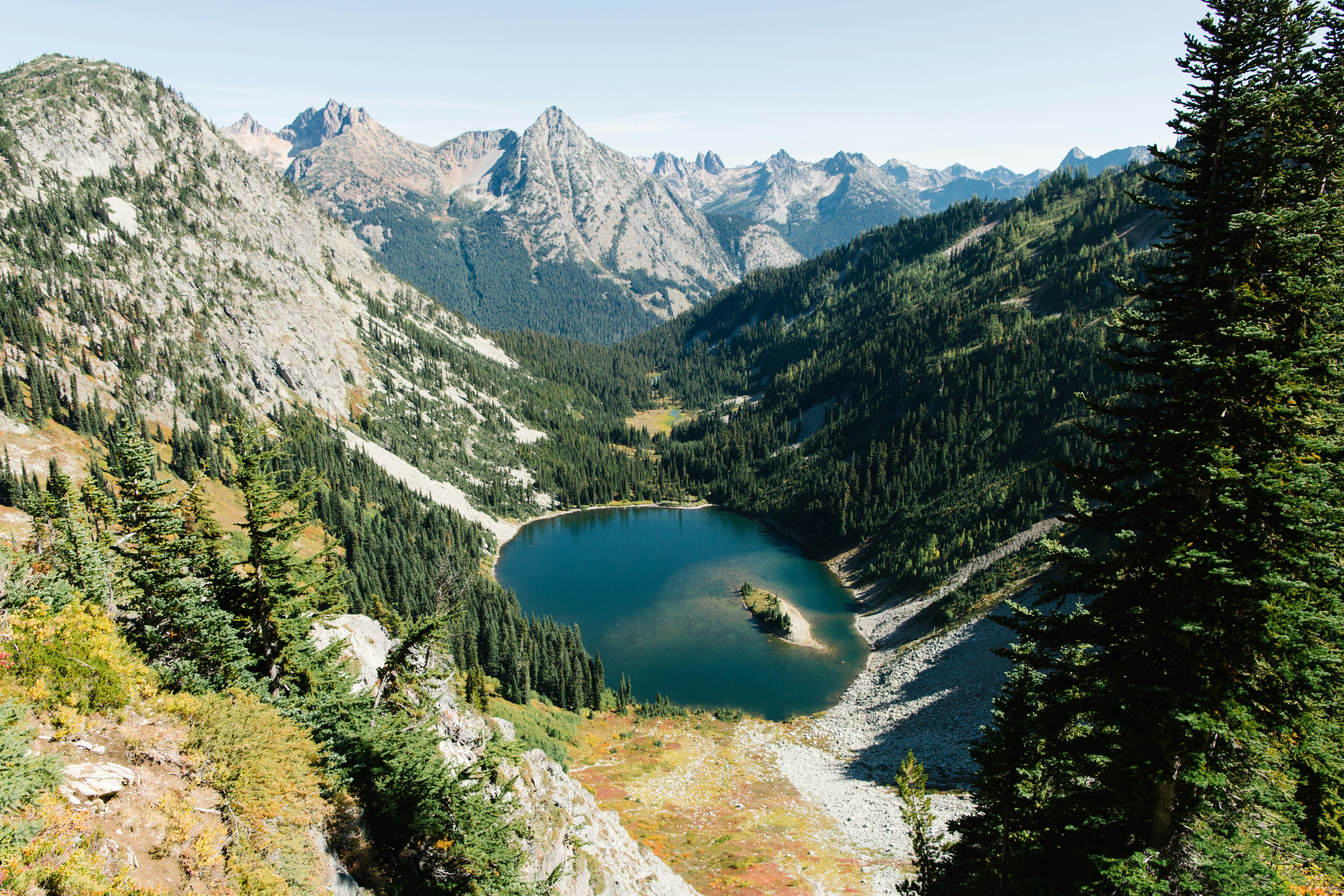 A view of a lake surrounded by mountains