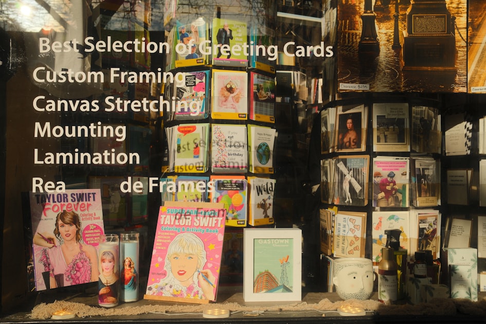 A window display of greeting cards in a store