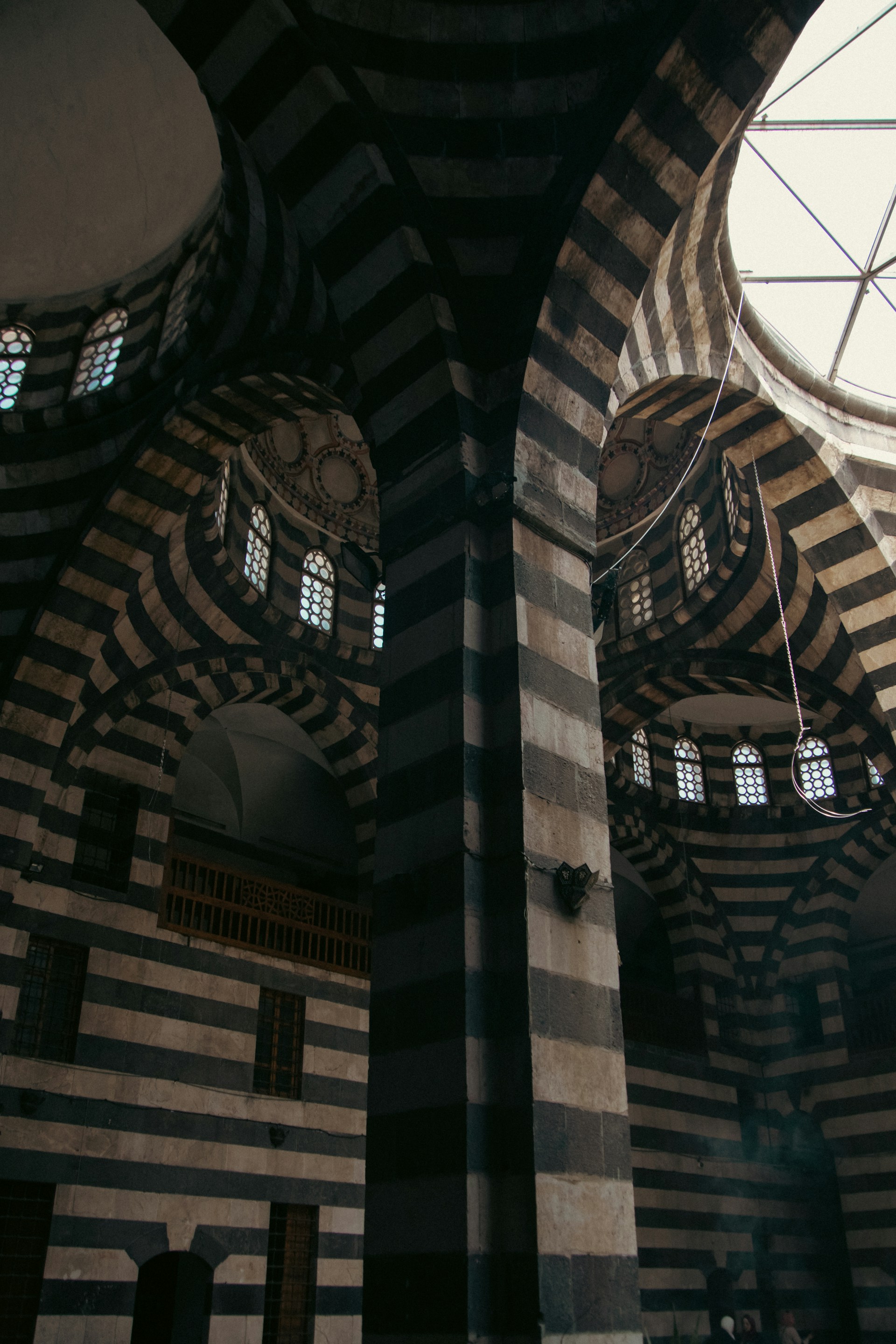 The inside of a building with a large round window